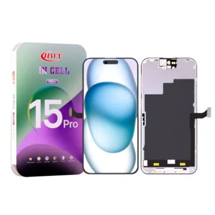 iPhone 15 Pro replacement LCD screen display assembly with packaging, front and back views