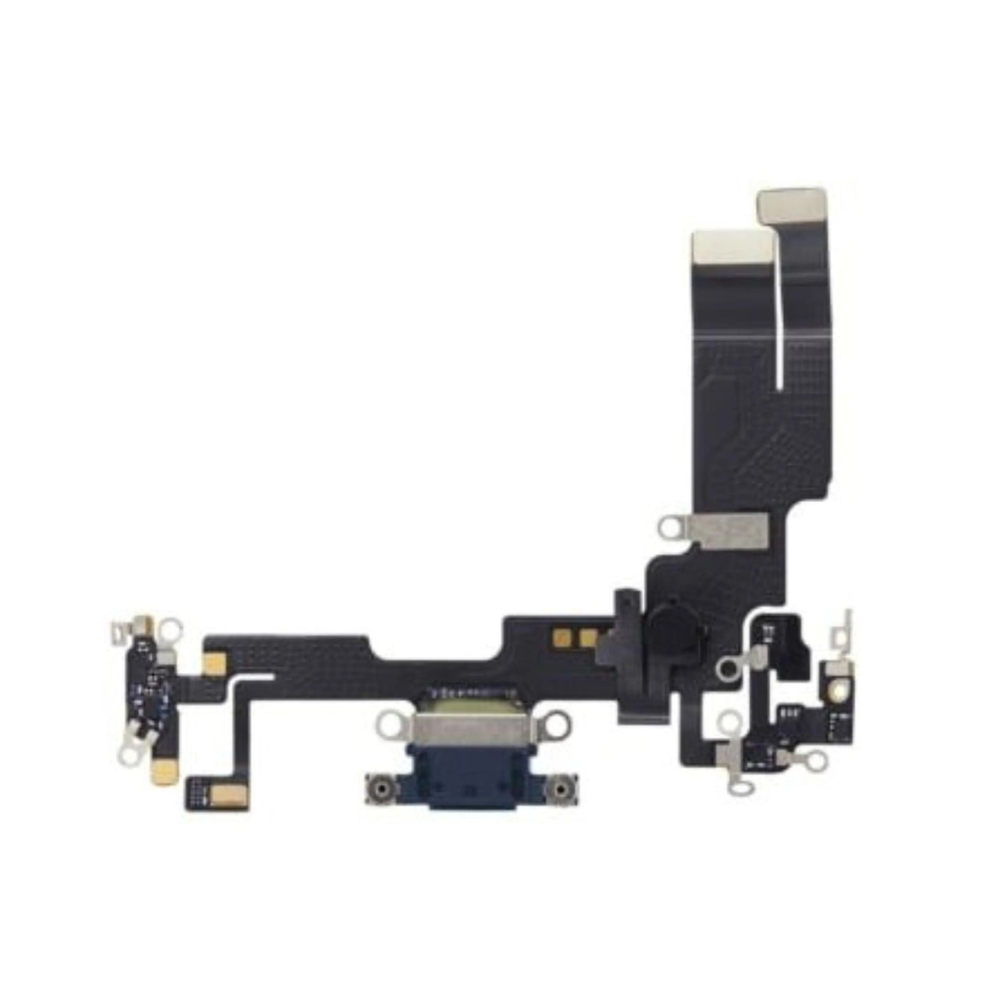 iPhone charging port flex cable replacement part with connectors on white background