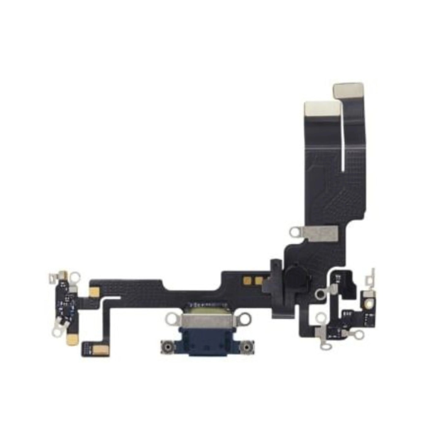 iPhone charging port flex cable replacement part with connectors on white background