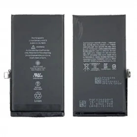 Replacement battery for iPhone 14 Plus shown front and back, black rectangular lithium-ion cell