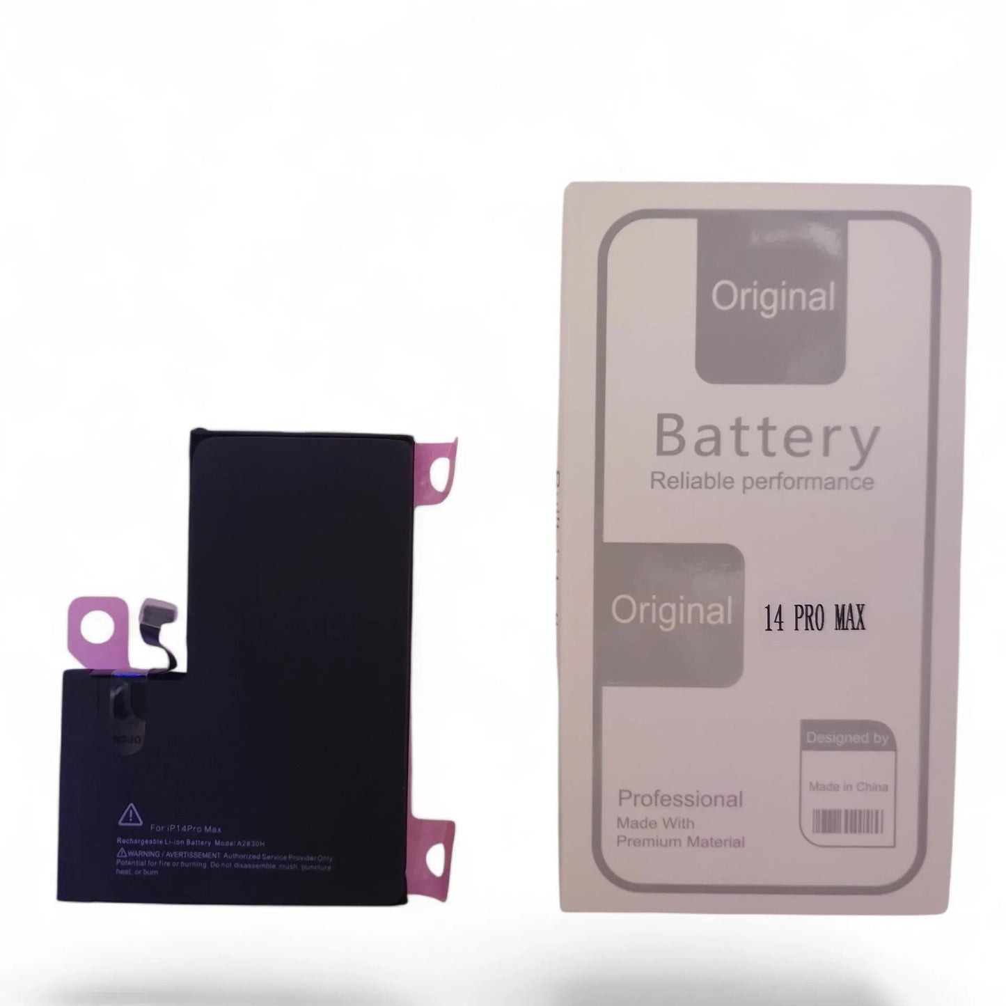 iPhone 14 Pro Max replacement battery with packaging on white background