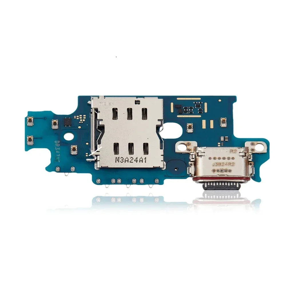 Blue mobile phone charging port flex cable with SIM card slot on a white background