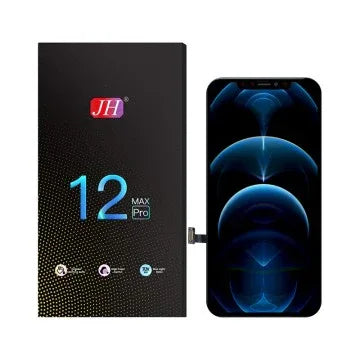 iPhone 12 Pro Max replacement display and screen part with connector, shown in packaging