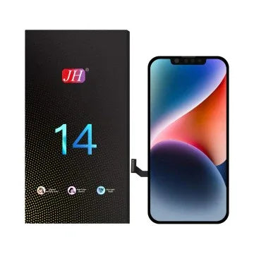 iPhone 14 LCD replacement screen and black packaging with rainbow display