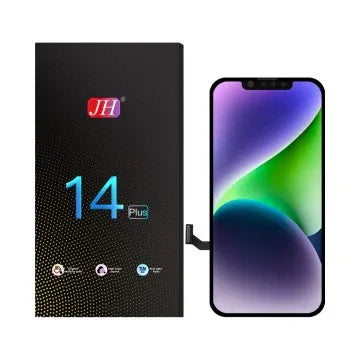 iPhone 14 Plus LCD screen replacement part next to black product box