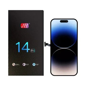 iPhone 14 Pro replacement LCD screen next to product box with vivid gradient display
