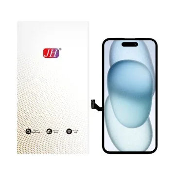 iPhone 15 Plus LCD display replacement screen with flex cable, shown next to packaging