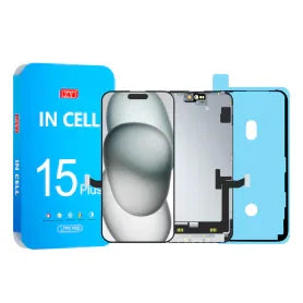 iPhone 15 Plus screen replacement LCD display kit with blue packaging and repair parts