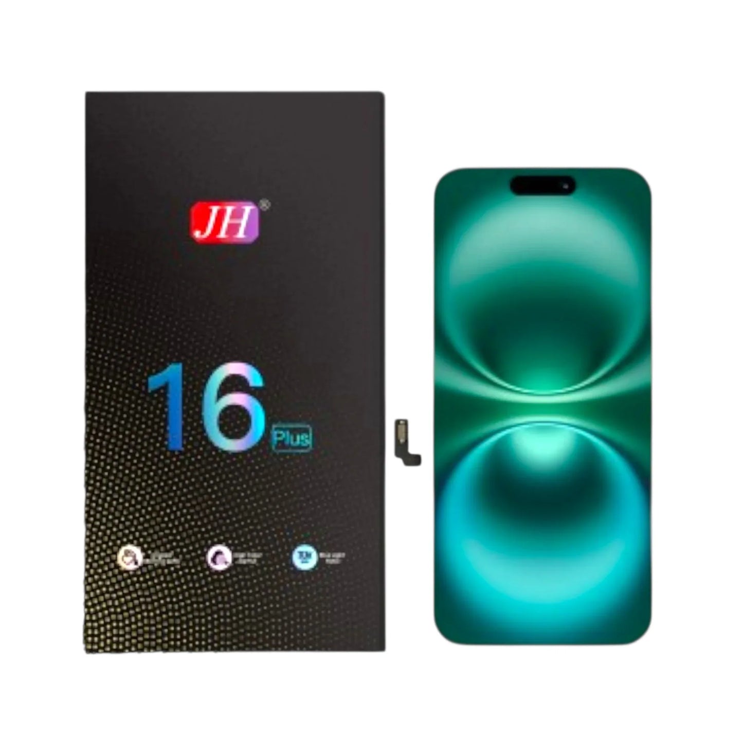 iPhone 16 Plus LCD screen replacement with connector and retail packaging