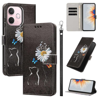 Painted Pattern Vegan Leather Phone Case with Strap, For OPPO A5 Pro 5G/4G, For OPPO Reno13 F 4G/5G Global/13F S, For OPPO Reno12 F 5G, For OPPO Reno12 Pro Global, For OPPO Reno12 Global, For OPPO A60 4G Global, For OPPO Reno11 F Global/F25 Pro 5G Glob...