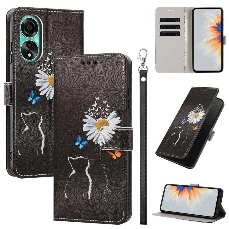 Painted Pattern Vegan Leather Phone Case with Strap, For OPPO A5 Pro 5G/4G, For OPPO Reno13 F 4G/5G Global/13F S, For OPPO Reno12 F 5G, For OPPO Reno12 Pro Global, For OPPO Reno12 Global, For OPPO A60 4G Global, For OPPO Reno11 F Global/F25 Pro 5G Glob...