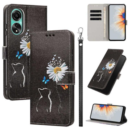 Painted Pattern Vegan Leather Phone Case with Strap, For OPPO A5 Pro 5G/4G, For OPPO Reno13 F 4G/5G Global/13F S, For OPPO Reno12 F 5G, For OPPO Reno12 Pro Global, For OPPO Reno12 Global, For OPPO A60 4G Global, For OPPO Reno11 F Global/F25 Pro 5G Glob...