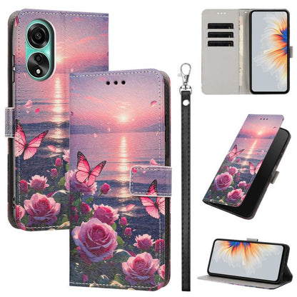 Painted Pattern Vegan Leather Phone Case with Strap, For OPPO A5 Pro 5G/4G, For OPPO Reno13 F 4G/5G Global/13F S, For OPPO Reno12 F 5G, For OPPO Reno12 Pro Global, For OPPO Reno12 Global, For OPPO A60 4G Global, For OPPO Reno11 F Global/F25 Pro 5G Glob...
