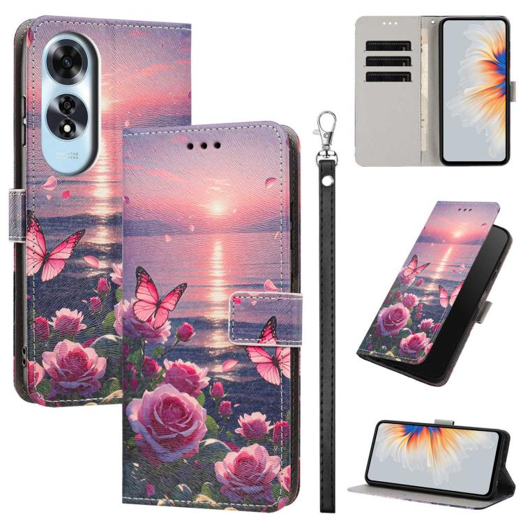 Painted Pattern Vegan Leather Phone Case with Strap, For OPPO A5 Pro 5G/4G, For OPPO Reno13 F 4G/5G Global/13F S, For OPPO Reno12 F 5G, For OPPO Reno12 Pro Global, For OPPO Reno12 Global, For OPPO A60 4G Global, For OPPO Reno11 F Global/F25 Pro 5G Glob...