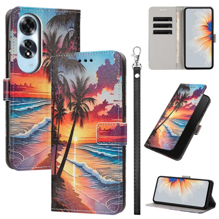 Painted Pattern Vegan Leather Phone Case with Strap, For OPPO A5 Pro 5G/4G, For OPPO Reno13 F 4G/5G Global/13F S, For OPPO Reno12 F 5G, For OPPO Reno12 Pro Global, For OPPO Reno12 Global, For OPPO A60 4G Global, For OPPO Reno11 F Global/F25 Pro 5G Glob...