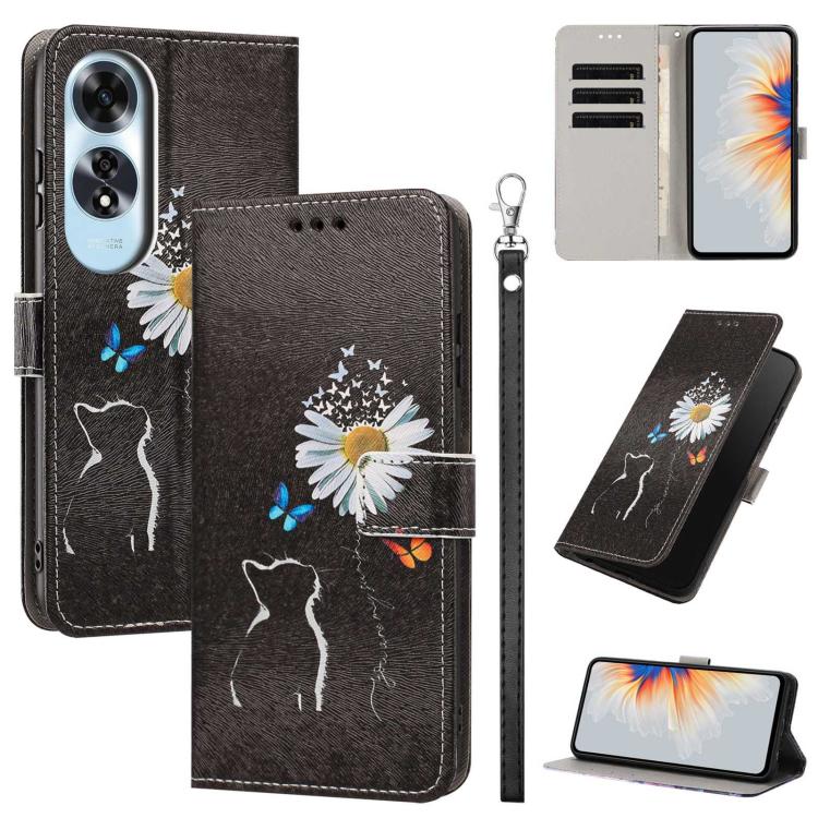 Painted Pattern Vegan Leather Phone Case with Strap, For OPPO A5 Pro 5G/4G, For OPPO Reno13 F 4G/5G Global/13F S, For OPPO Reno12 F 5G, For OPPO Reno12 Pro Global, For OPPO Reno12 Global, For OPPO A60 4G Global, For OPPO Reno11 F Global/F25 Pro 5G Glob...