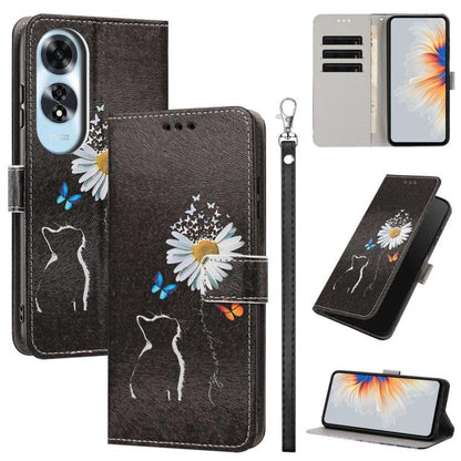Painted Pattern Vegan Leather Phone Case with Strap, For OPPO A5 Pro 5G/4G, For OPPO Reno13 F 4G/5G Global/13F S, For OPPO Reno12 F 5G, For OPPO Reno12 Pro Global, For OPPO Reno12 Global, For OPPO A60 4G Global, For OPPO Reno11 F Global/F25 Pro 5G Glob...