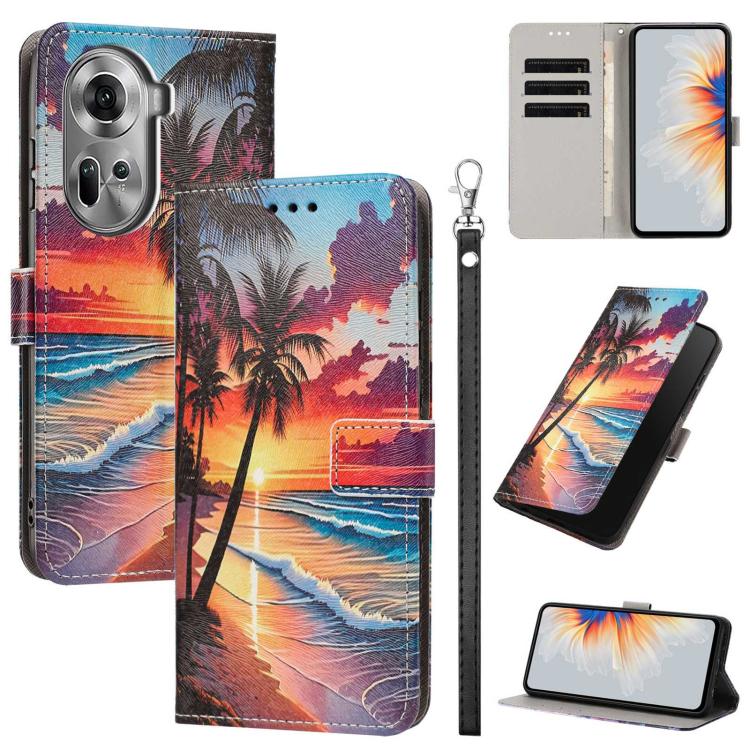 Painted Pattern Vegan Leather Phone Case with Strap, For OPPO A5 Pro 5G/4G, For OPPO Reno13 F 4G/5G Global/13F S, For OPPO Reno12 F 5G, For OPPO Reno12 Pro Global, For OPPO Reno12 Global, For OPPO A60 4G Global, For OPPO Reno11 F Global/F25 Pro 5G Glob...