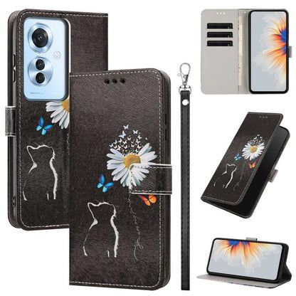 Painted Pattern Vegan Leather Phone Case with Strap, For OPPO A5 Pro 5G/4G, For OPPO Reno13 F 4G/5G Global/13F S, For OPPO Reno12 F 5G, For OPPO Reno12 Pro Global, For OPPO Reno12 Global, For OPPO A60 4G Global, For OPPO Reno11 F Global/F25 Pro 5G Glob...